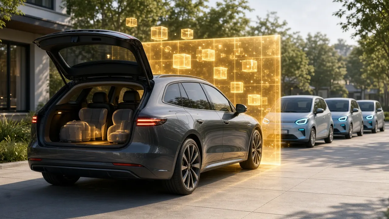 Familiar eléctrico con el maletero abierto cargado de equipaje